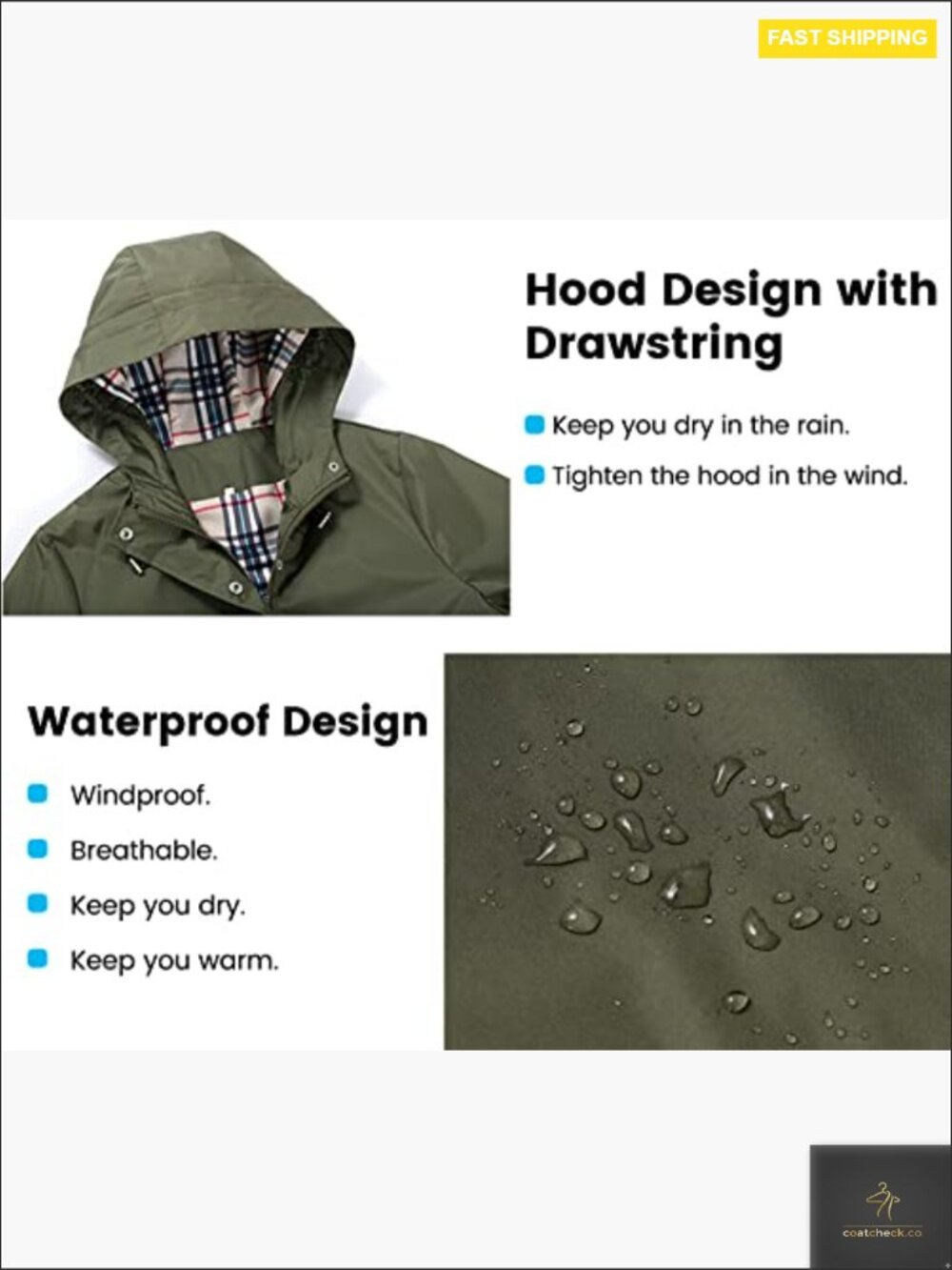 Waterproof Hooded Rain Jacket Lightweight Long Trench Coat Elastic Cuffs Zip - Picture 5 of 7
